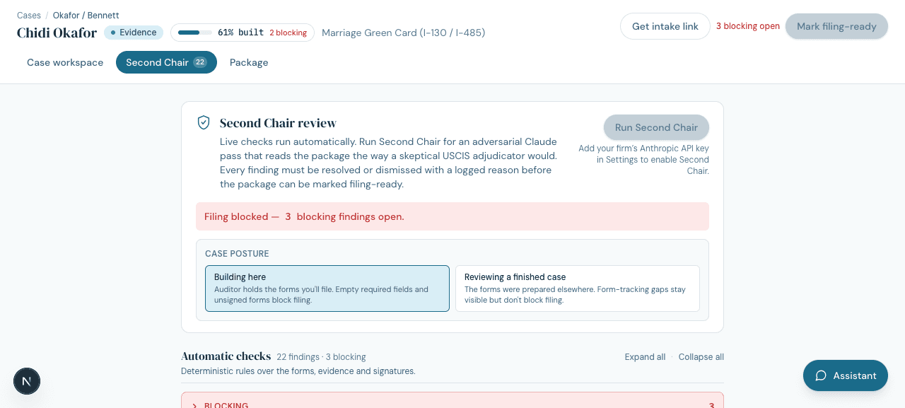 The Second Chair review tab showing filing blocked by three open blocking findings, above a list of automatic deterministic checks.